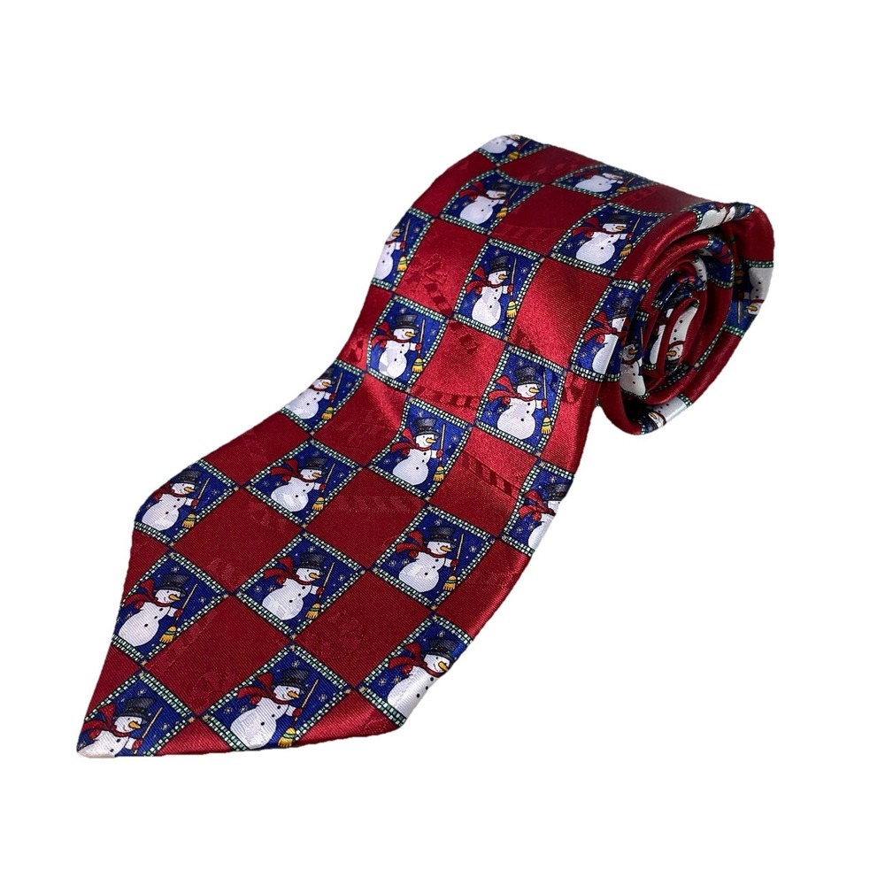 HALLMARK YULE TIE GREETINGS MENS NECK TIE RED&NAVY W/SNOWMEN CHRISTMAS 3.5X58"